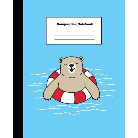 Composition Notebook: Smiling Brown Bear in Blue Swimming Pool Wide Ruled Note, (Paperback)