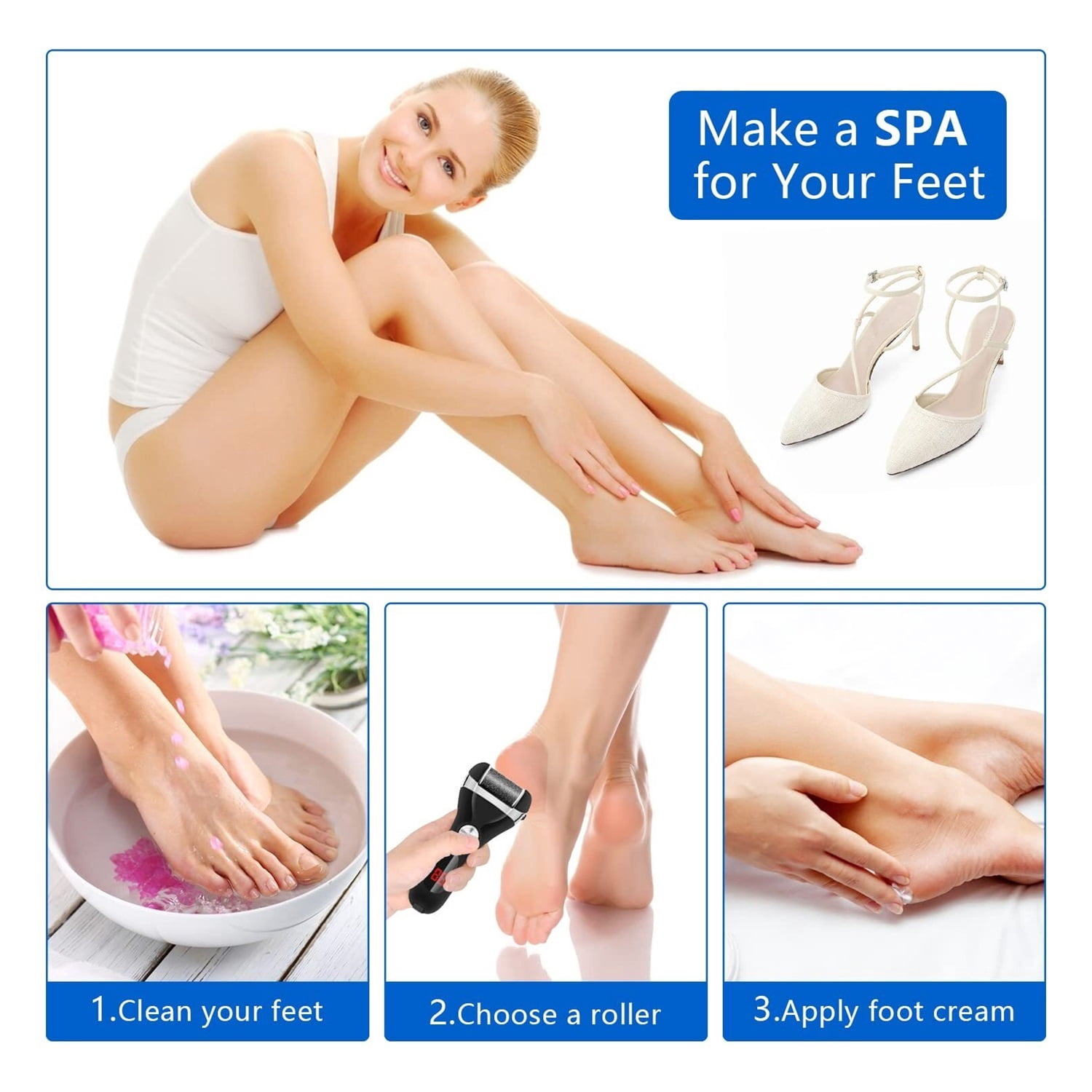 Electric Foot Callus Remover Kit,Rechargeable Callous removers 3 Grinding Heads Waterproof Foot Scrubber File, Professional Pedicure Tools kit Feet Care for Dead, Cracked Dry Skin