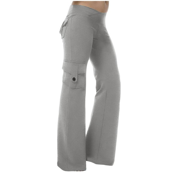 LOVZFMLL Women's Pants, Yoga Leggings High Waist Casual Workout Cargo Pants with 4 Pockets Gray, L