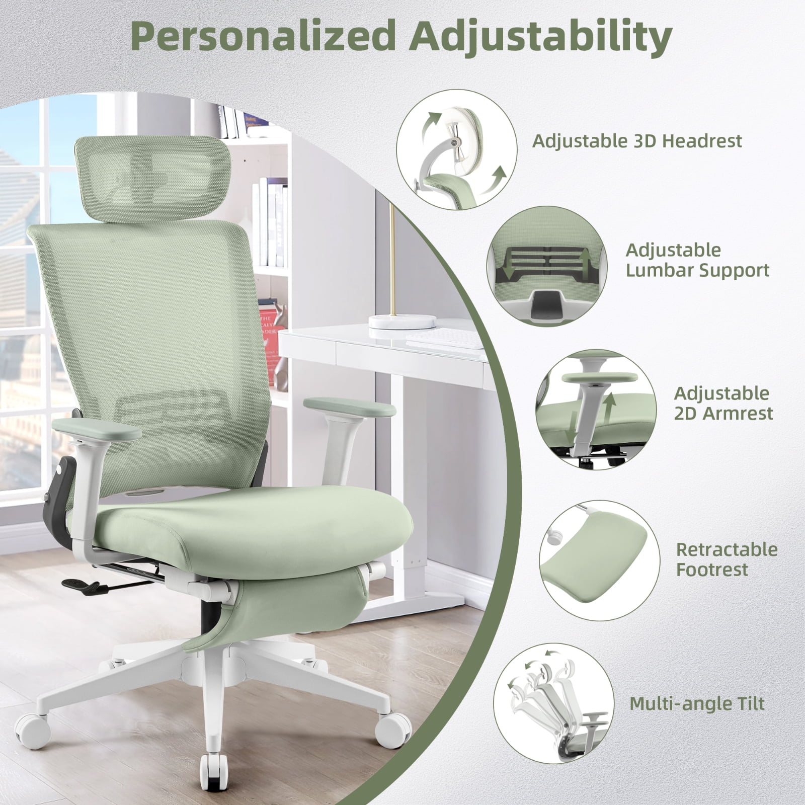 Hforesty Green Foldable Office Chair with Footrest – Ergonomic Mesh Computer Chair, Lumbar Support, Swivel Tilt, 300lbs