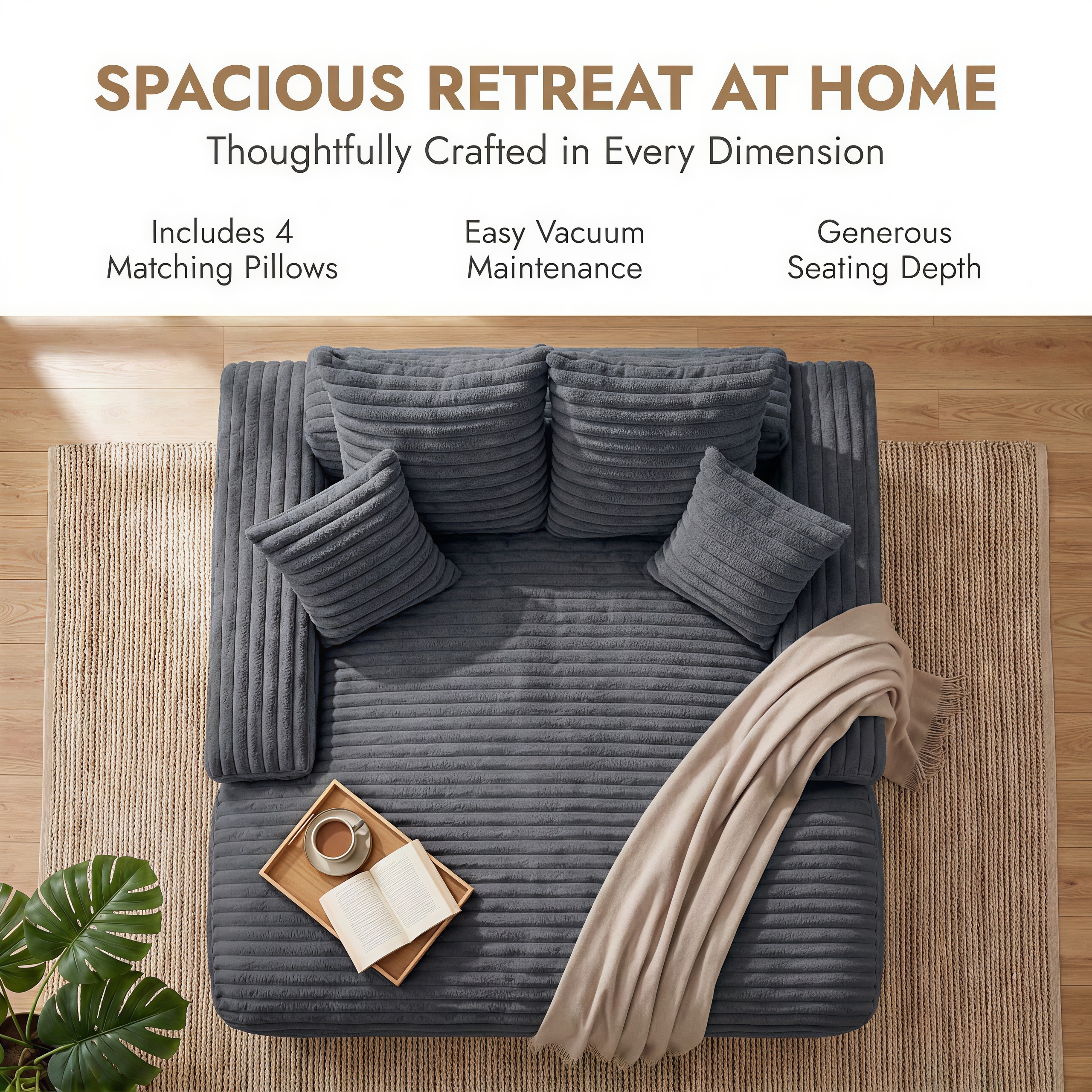 Modern Corduroy Oversized Chaise Lounge Chair, 66"Double Daybed Sofa Sleeper with 4 Pillows, No Assembly Cloud Couch for Living Room, Dark Gray