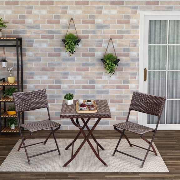 Abble 3pcs Outdoor Wicker Folding Set Patio Folding Chairs and Table Set for Garden - Dark Brown