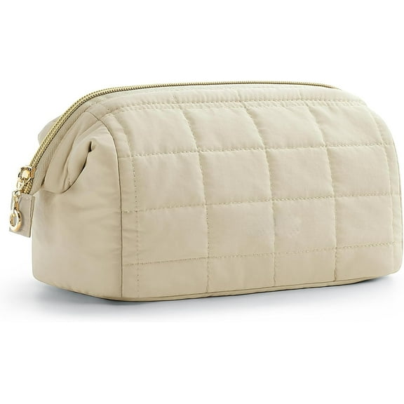 Makeup Bag Cosmetic Bag Wide Open, Beige, M, Wide-open Travel Makeup Bag With Puffy Padded and Rectangular Quilted