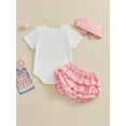 thumbnail image 4 of Bslissey Baby Girls Summer Outfits 3M 6M 12M 18M Short Sleeve Letter Print Romper + Layered Hem Shorts + Bow Headband 3Pcs Newborn Infant Casual Cute Skirt Sets, 4 of 9