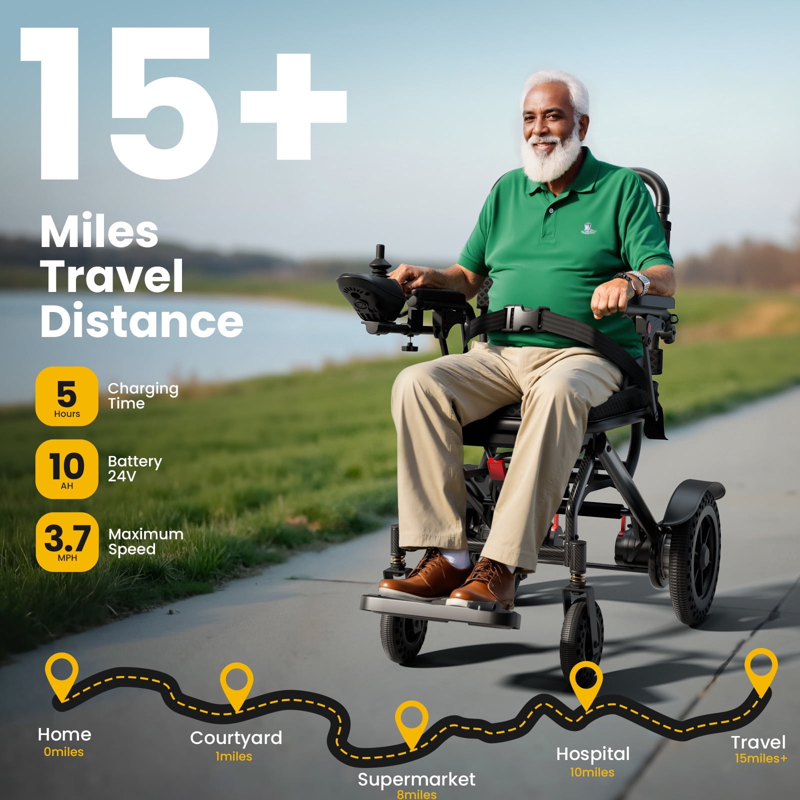 Joreek Lightweight Electric Wheelchair 15 Miles Range,up to 300lb, 17.5" Padded Seat,All Terrain Foldable Motorized Wheelchairs for Seniors