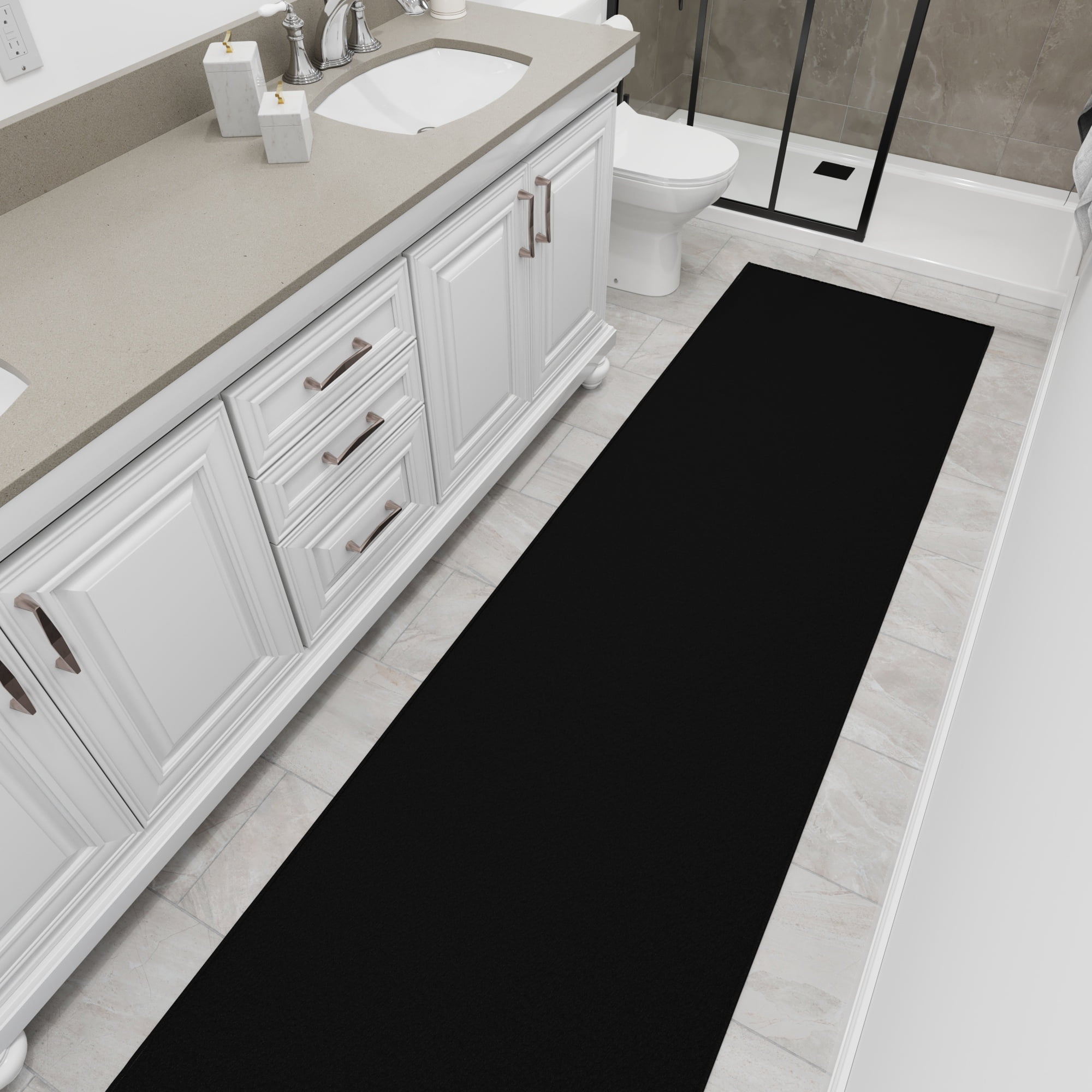 Ottomanson Extra Long Runner Rug Non-Slip Low Pile Stain Resistant, Solid Black, 2'7" x 54'