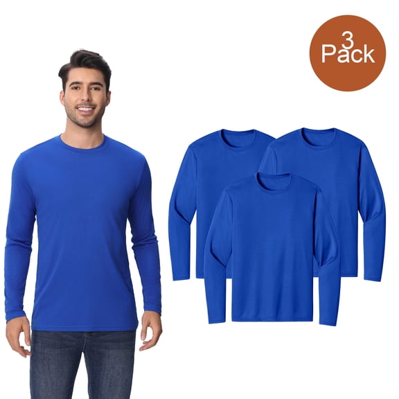 Zfeel Men Long Sleeve T-Shirt of Pure Dry Fit Poly, Lightweight Slim Fit Tee, Royal, S, 3 Pack