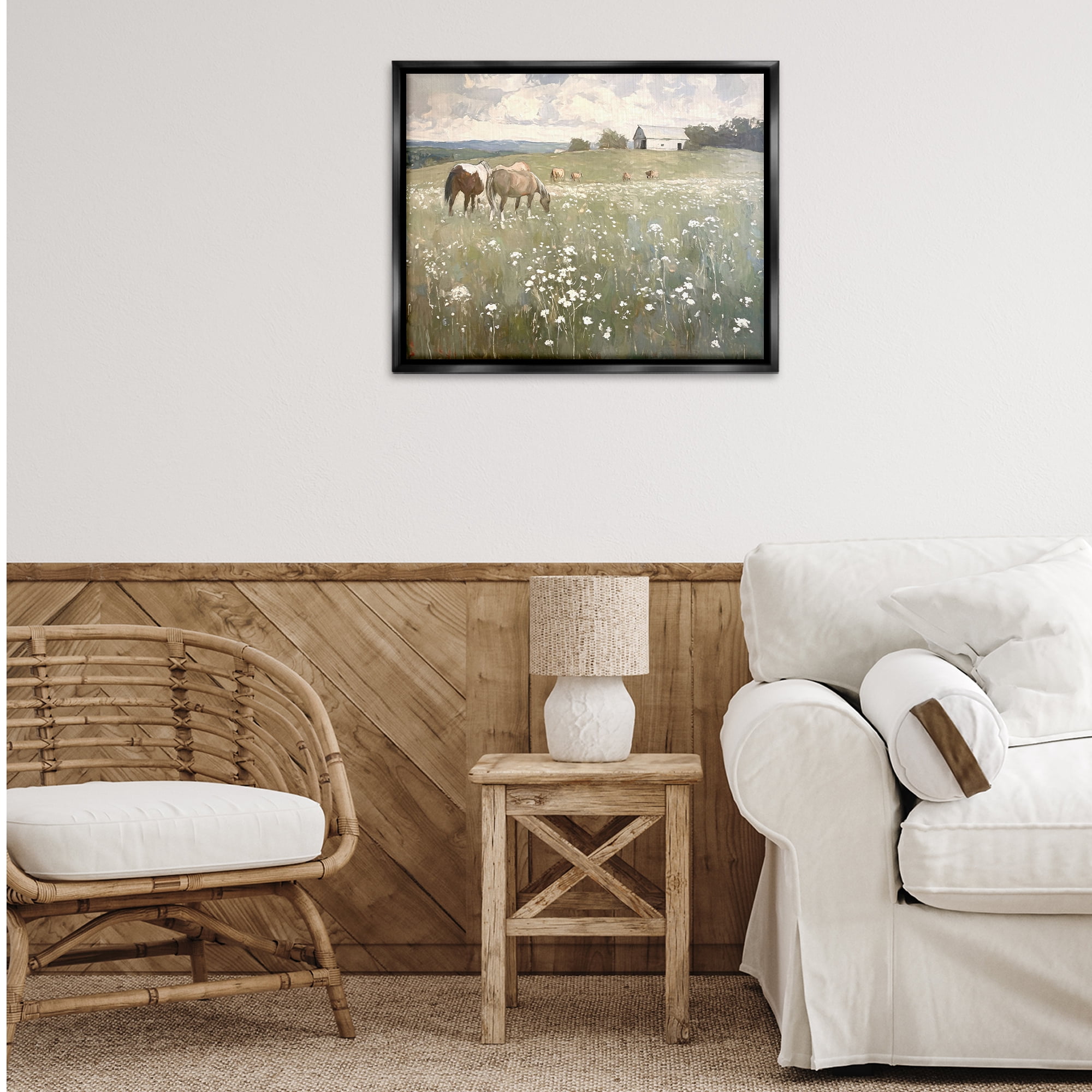 Stupell Industries Horses in Pasture Landscape Painting Black Floater Framed Canvas Art Print Wall Art, 31 x 25