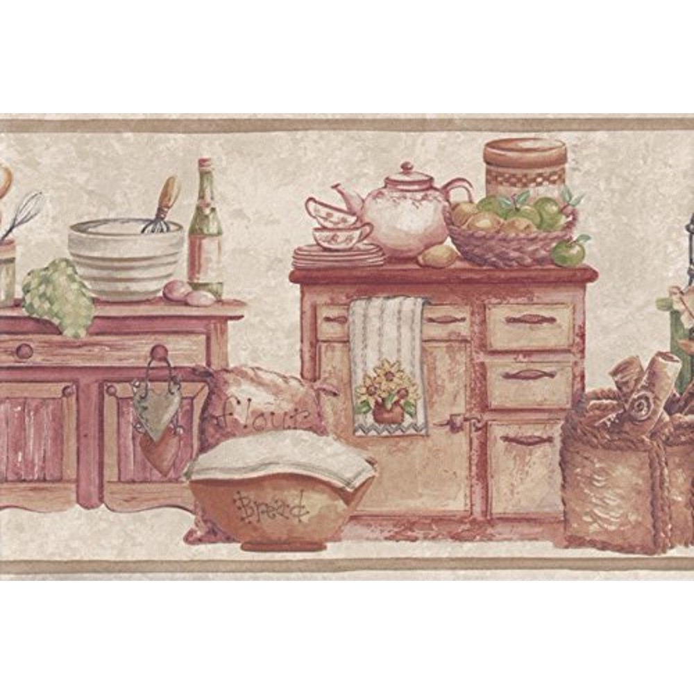 Cream Gold Wooden Kitchen Wallpaper Border, Prepasted By