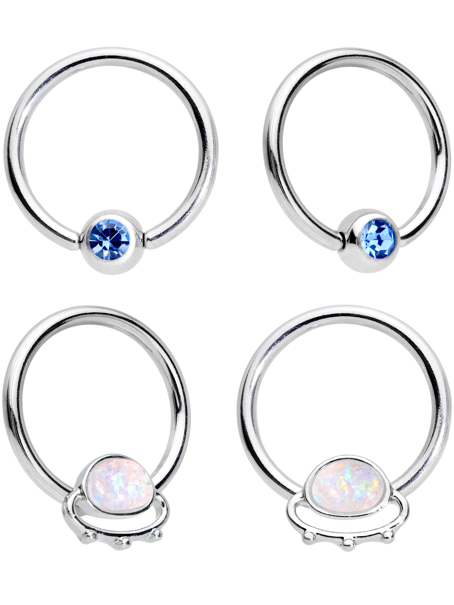 Body Candy 14G Nipplerings Piercing Steel 4Pc Blue Accent White Inlay