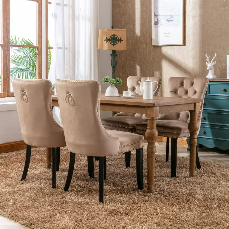 Dining Chair with Wood Legs Nailhead Trim 2 Pcs Set Black