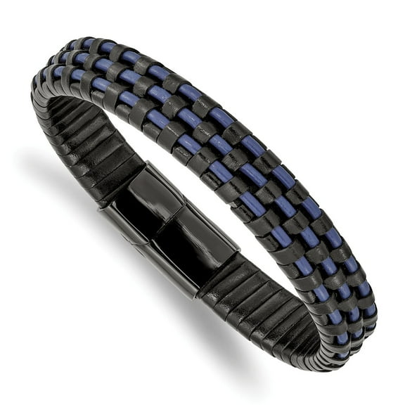 Primal Steel Stainless Steel Polished Black IP-plated Black and Blue Leather 8.25 Inch Bracelet