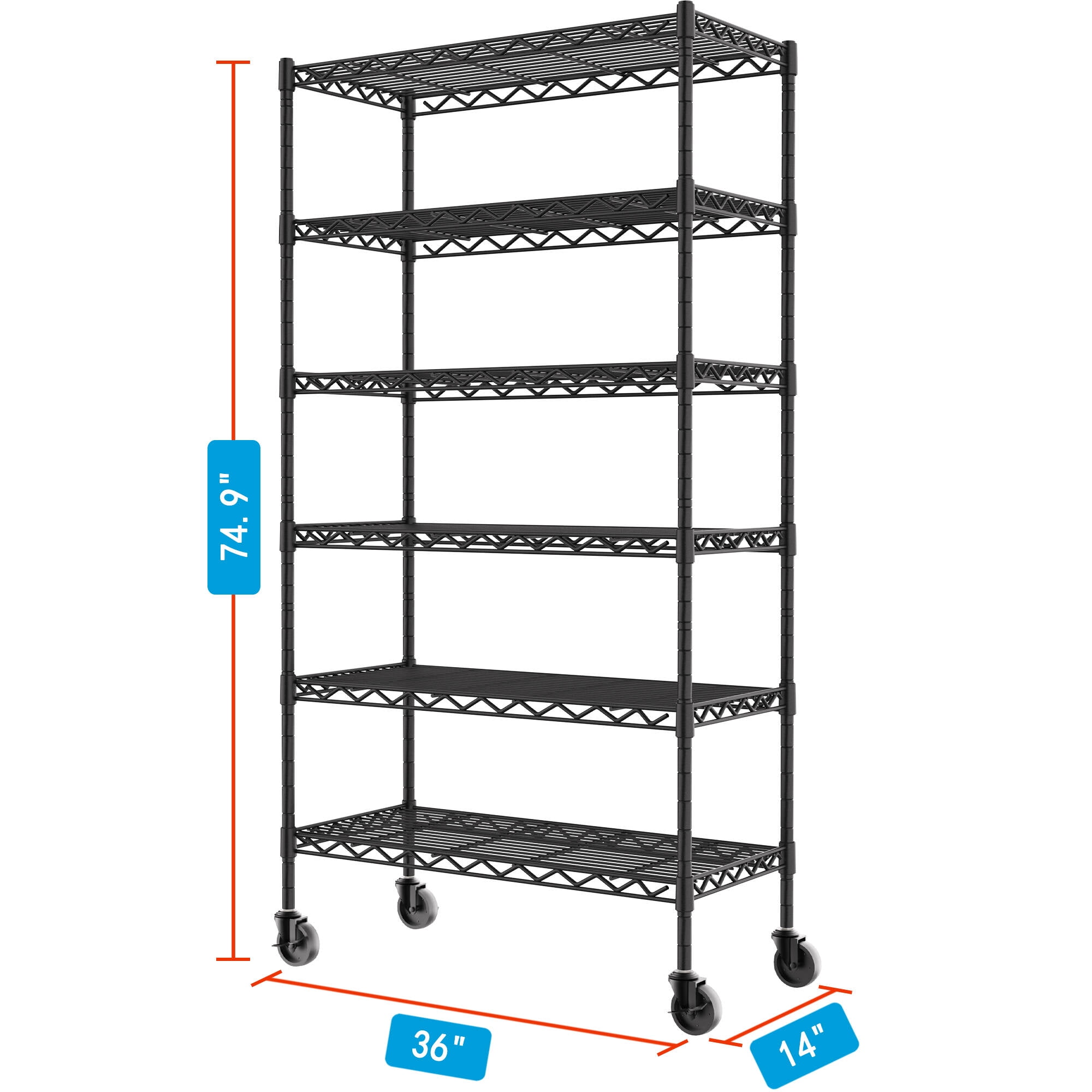 YOHKOH 6-Wire Heavy Duty Shelving Metal Storage Rack with Wheels, MAX 2000LB, Carbon Steel Adjustable Unit Shelves for Laundry Garage Kitchen (36L x 14W x 74.9H, Black)