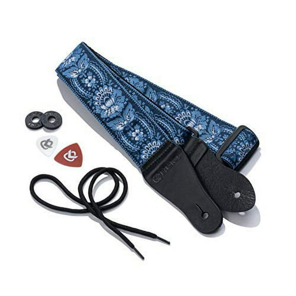 KLIQ Vintage Woven Guitar Strap for Acoustic & Electric Guitars 2 Free Rubber Strap Locks, 2 Free Guitar Picks & 1 Free Lace | '60s Jacquard Weave Hootenanny Style | Navy & Blue Sunburst Flower