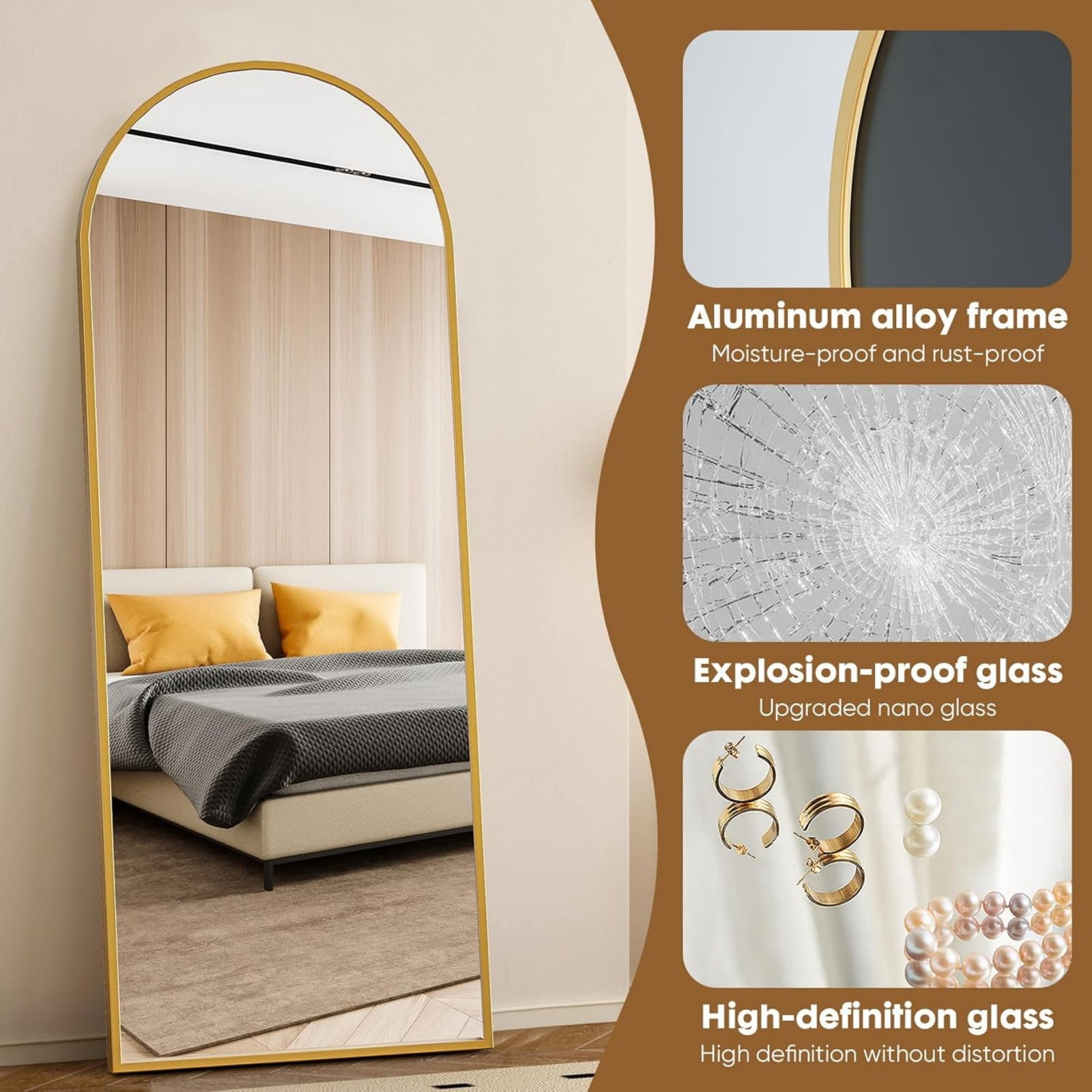 AUROMIR 26"x71" Arched Full Length Mirror Free Standing Full Body Floor Mirror, Gold