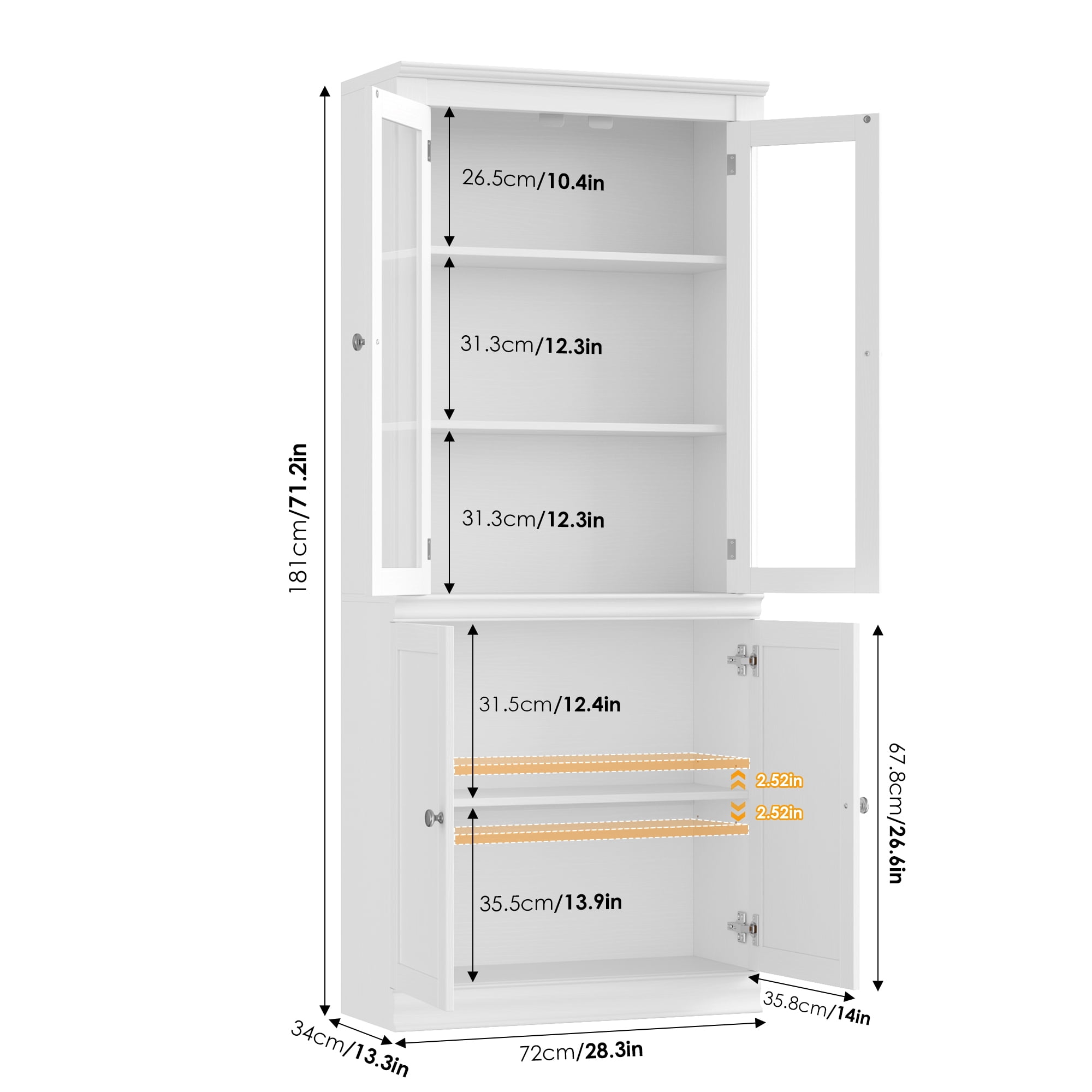 Homfa 71"H Bookcase with Glass Doors, 5 Tier Storage Bookshelf with Adjustable Shelf for Study Home Office, White