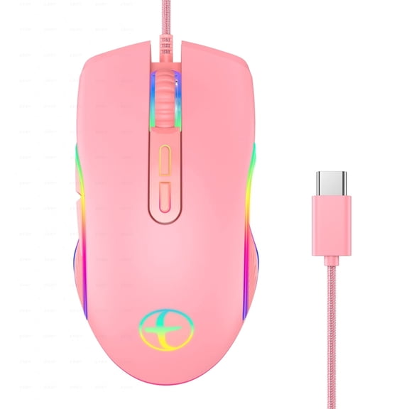 Optical Pink Wired Mouse Mice With Braided USB for Laptop Computer Gift for w/Ty