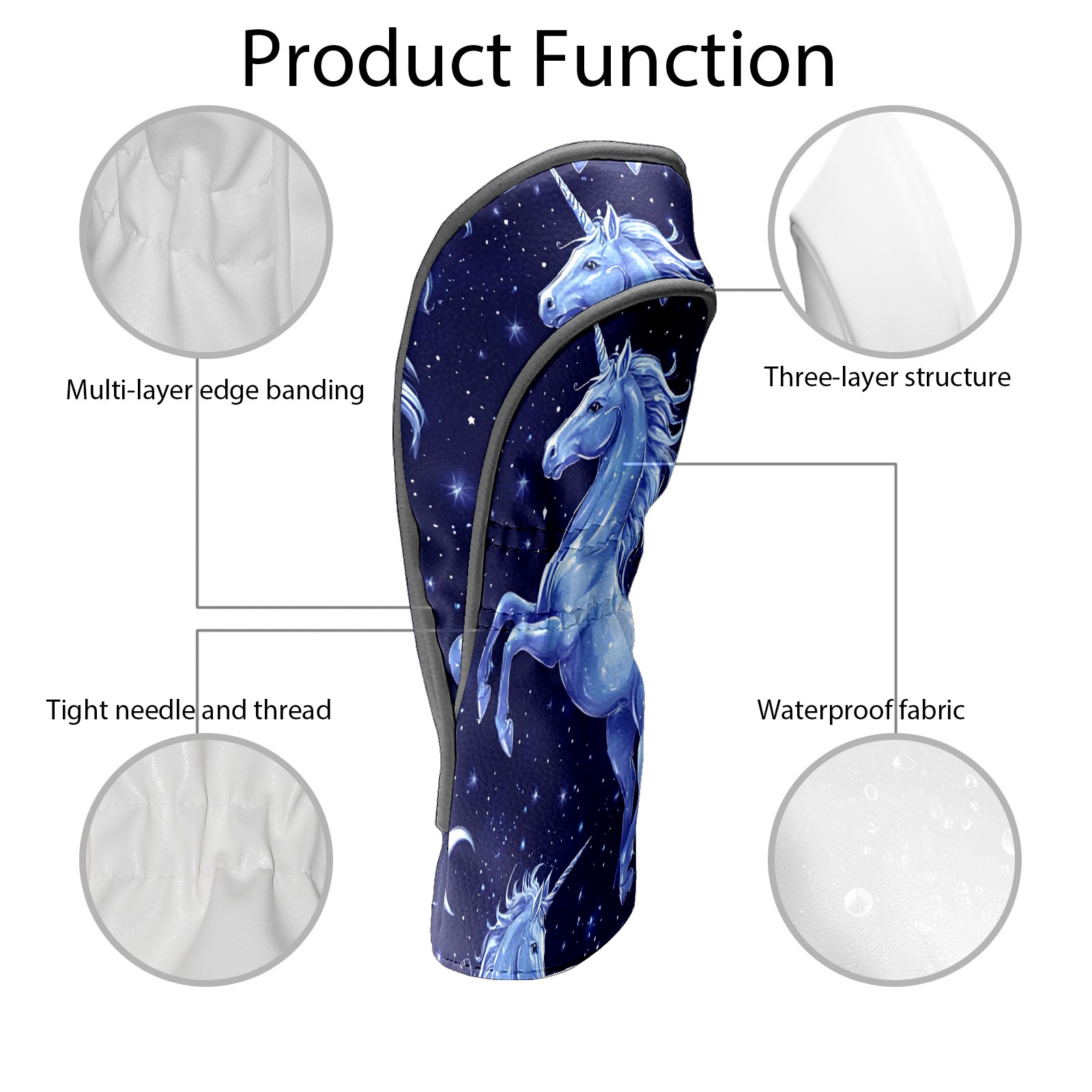 Golf Club Covers, Blue UnicornStar Premium PU Leather Driver Hybrid Putter Head Covers with Velvet Lining, Waterproof Golf Gifts for Men Women