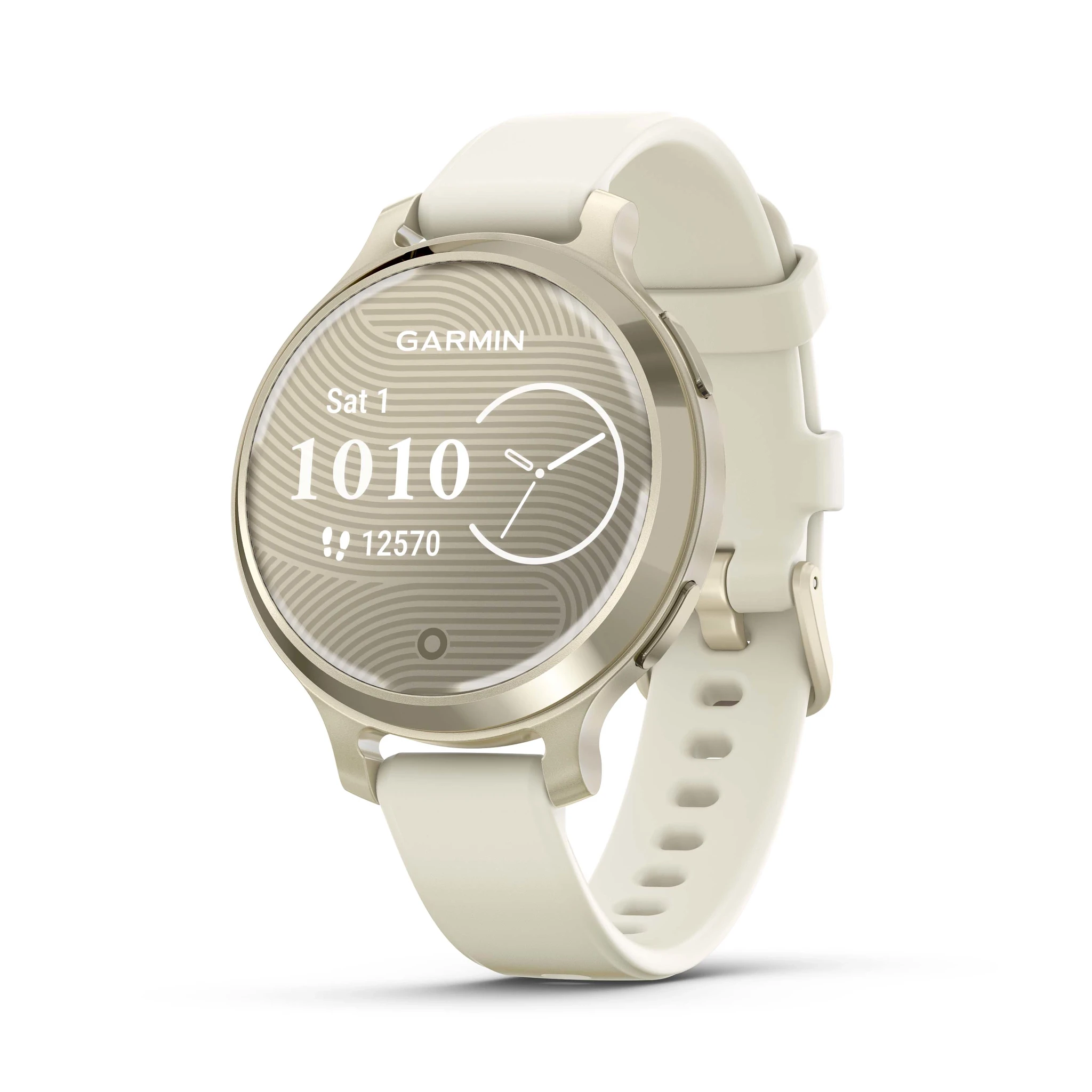 Garmin Lily 2® Active, Small and Stylish Smartwatch, Built-In GPS, Hidden Display, Patterned Lens, Up To 9 Days Battery Life, Lunar Gold with Bone Silicone Band