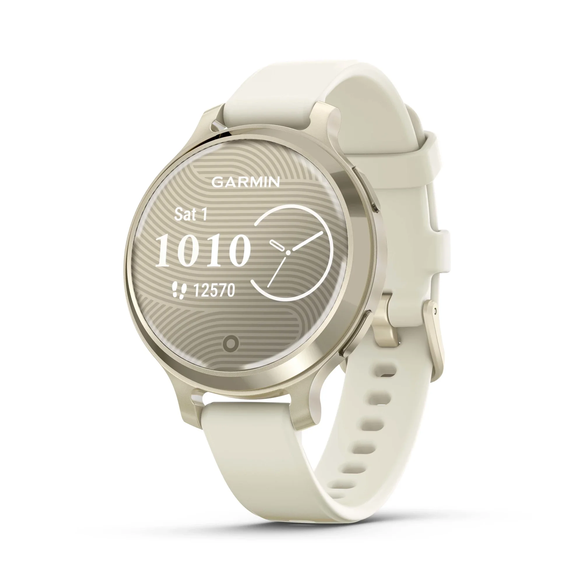 Garmin Lily 2® Active, Small and Stylish Smartwatch, Built-In GPS, Hidden Display, Patterned Lens, Up To 9 Days Battery Life, Lunar Gold with Bone Silicone Band