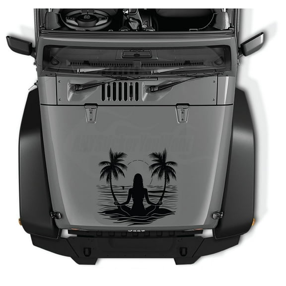 AnyStickerYouWant - Yoga Beach Palm Tree Namaste Vinyl Decal Sticker, 22" Tall Waterproof Lotus Vinyl Hood Decal/Car Window Stickers - Fits on & Compatible with Jeep Wrangler & Jeep Gladiator