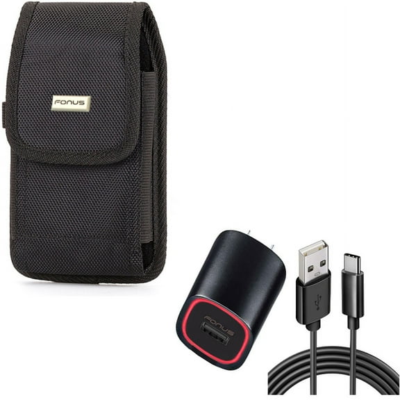 Home Charger & Case Belt Clip for iPhone 15 Pro - 2.4A USB Cable TYPE-C 6ft and Rugged Holster Canvas Cover A7Z for iPhone 15 Pro (6.1")