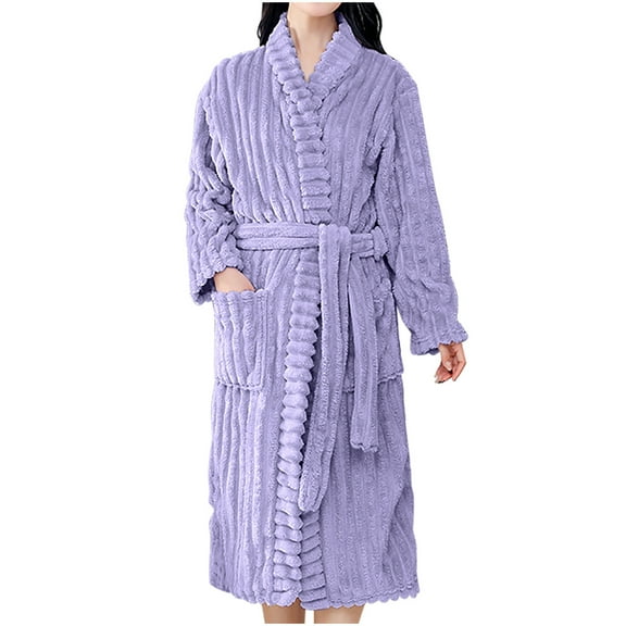 Kaemgyyd Long Robes for Women Winter Thermal Thick Plush Fleece Bathrobe Lightweight Quick Dry Textured Belted Loungewear
