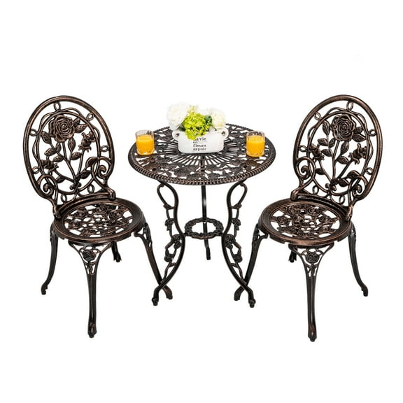 Villeston 3-Piece Cast Aluminum Outdoor Patio Bistro Table and Chair Set, Rose Pattern for Garden, Bronze
