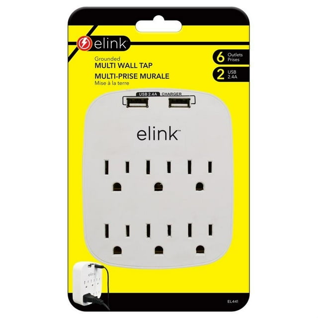 Elink EL441 - 6 Outlet Wall Tap with 2 USB 2.4A Ports, White