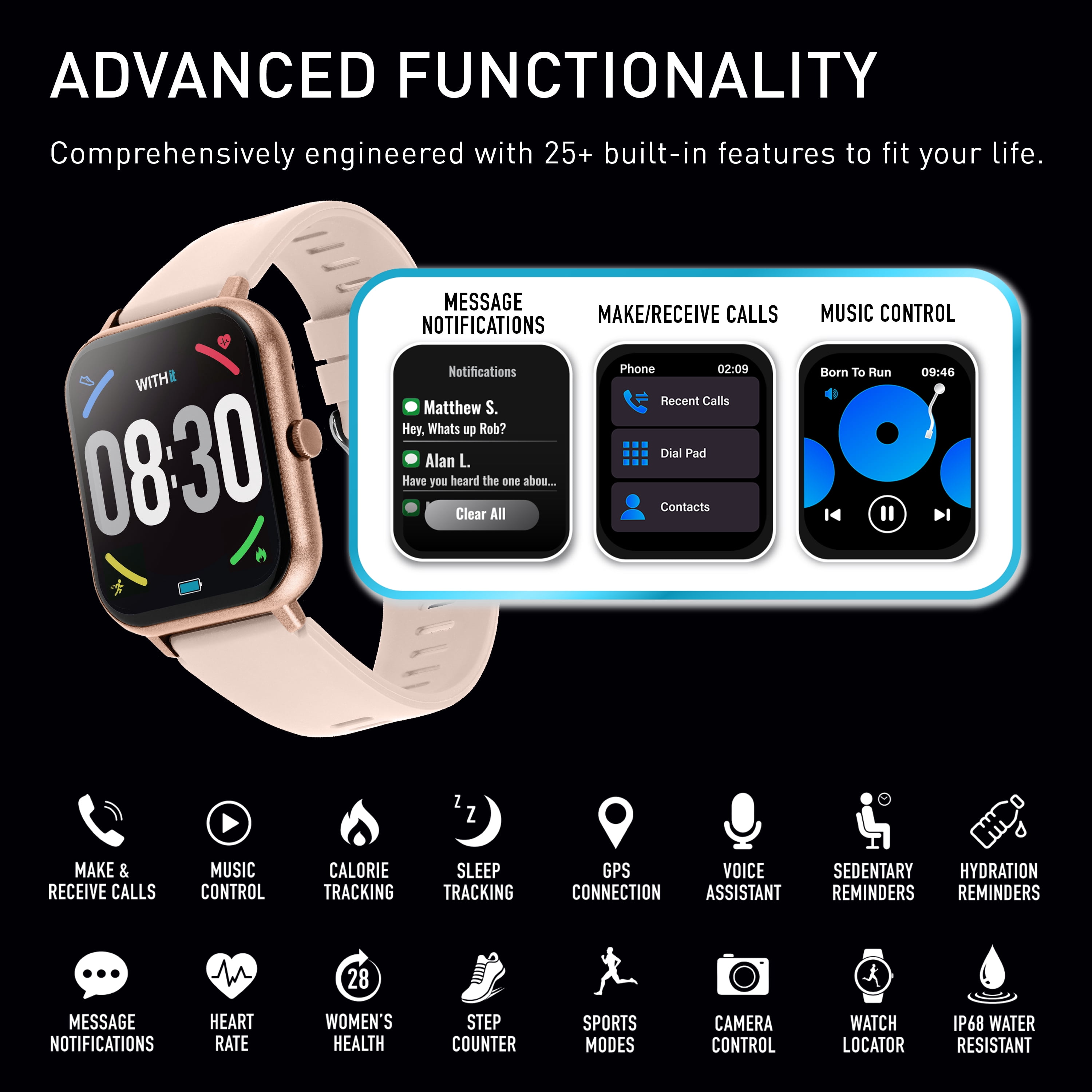 WITHit EXA Series Touch Screen Smartwatch with Blush Silicone Band and over 25 Built-In Features