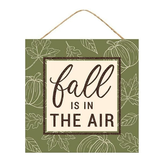 Fall Door Wreath Accent Sign, Green Brown, 10 inch Square, Autumn in the Air, Wood, AP8987