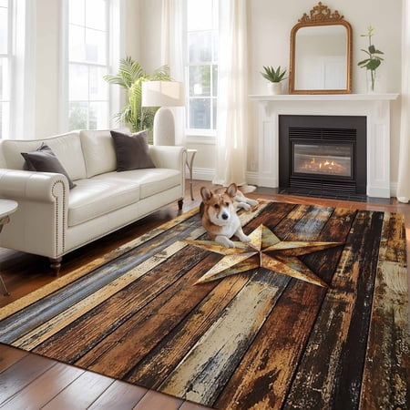 5x8 Washable Area Rug Retro Star Non-Slip Large Rectangle Rug for Living Room Dining Room Country Shabby Texas Stars Old Mottled Wood Grain Indoor Floor Mat for Home Decor
