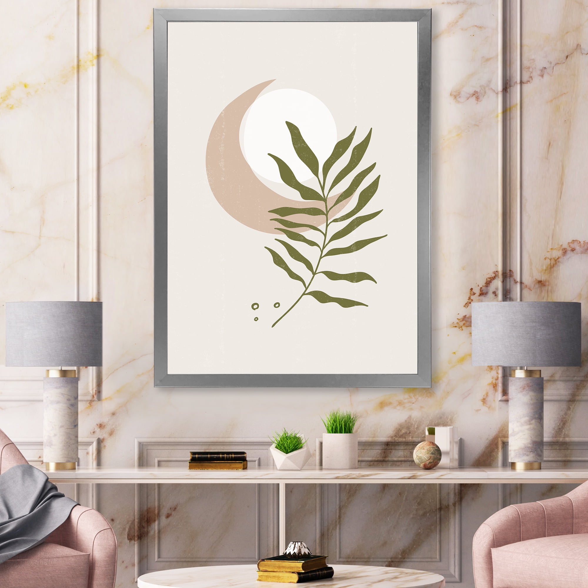 Designart 'Abstract Geometrical Leaf With Moon II' Modern Framed Art Print