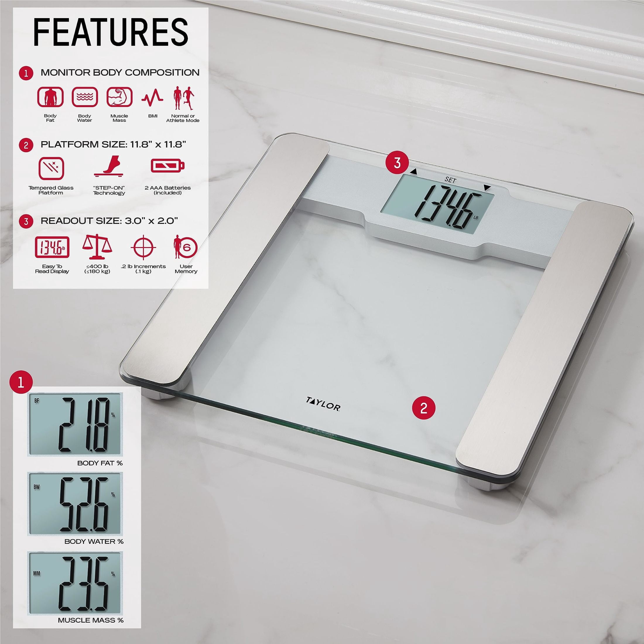 Taylor Digital Body Composition Bathroom Scale – 11.8" Tempered Glass Platform, 400 lb Capacity Weight Monitor with Athlete Mode, 6 User Recognition & Body Analysis Features (Clear)