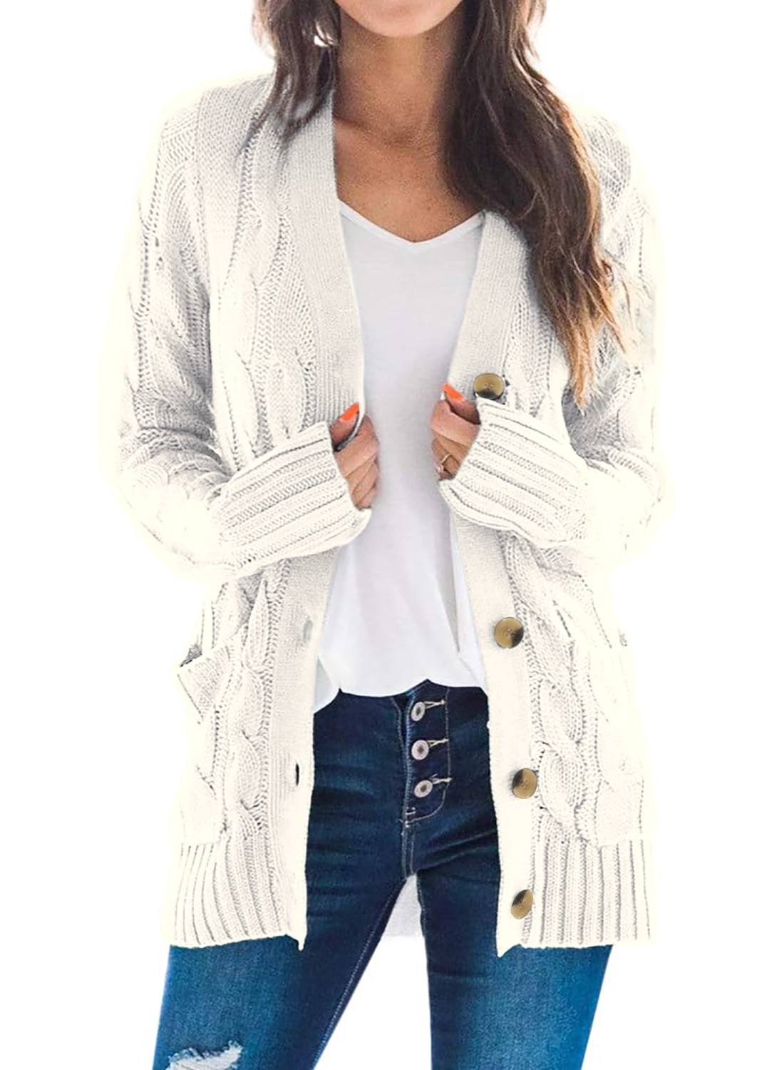ZESICA Women's Casual Long Sleeve Button Down Open Front Cable Knit Cardigan Sweater Coat