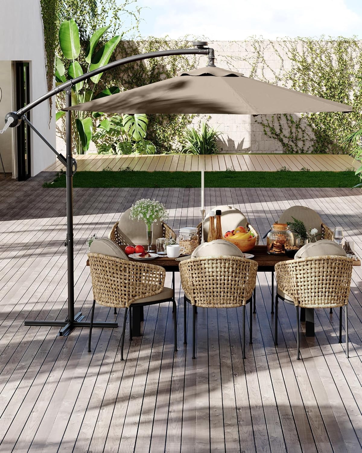 10FT Offset Patio Umbrella with Base, 360°Rotation Cantilever Umbrella, Outdoor Patio Umbrella with Infinite Tilt for Deck Poolside Lawn and Backyard
