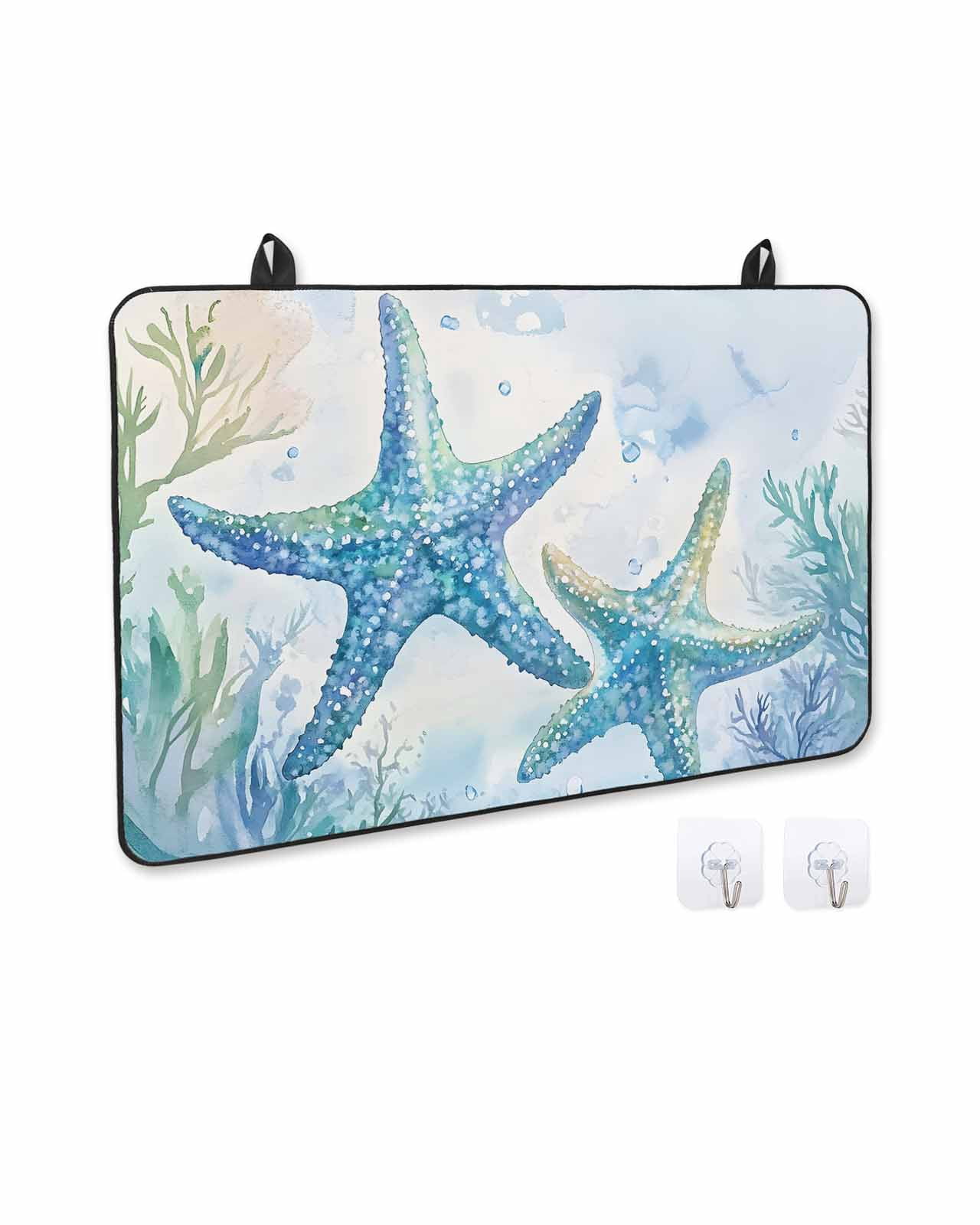 nqOlkjepod Large Induction Cooktop Protector Mat 24"x21", Teal Blue Summer Coastal Stove Top Covers for Electric Stove, Ocean Watercolor Coral Starfish Stove Burner Cover Mats, Glass Top Stove Cover