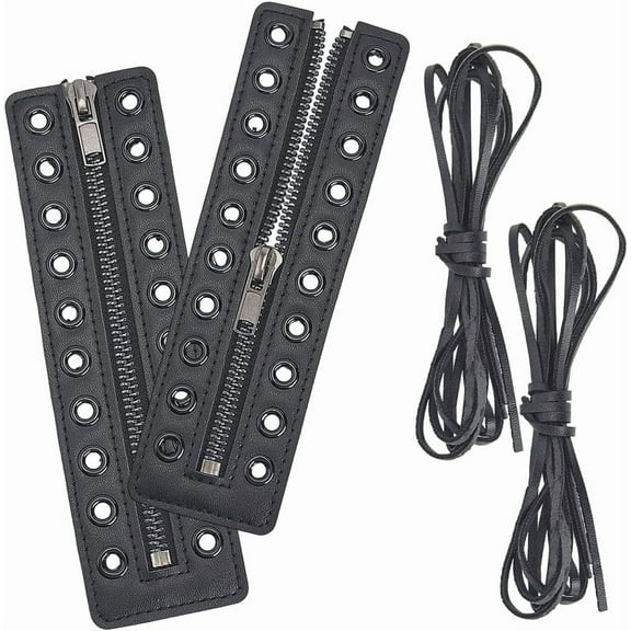 2PCS 6.89 x 1.97 Inch No Tie PU Leather Zipper Inserts 10 Eyelet Tieless Shoe Laces with 2PCS Cord Smooth Lace Accessories for Shoes Sneakers Men Women (Black)