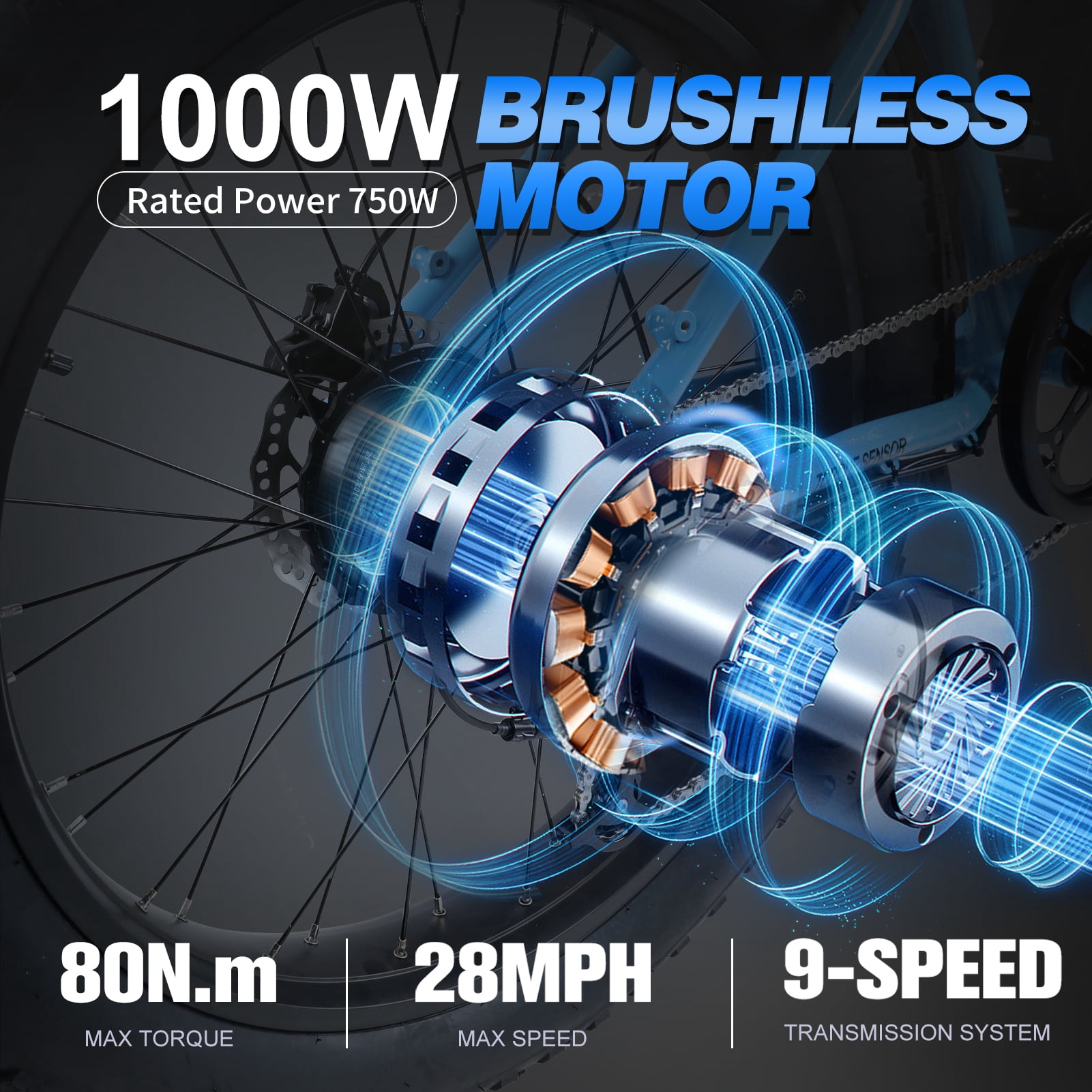 26" 52V 1000W Fat Tire Electric Bike, 15Ah Battery, 28MPH, 65+ Miles Range, 9-Speed, LCD Display - Adults Electric Bicycle Blue