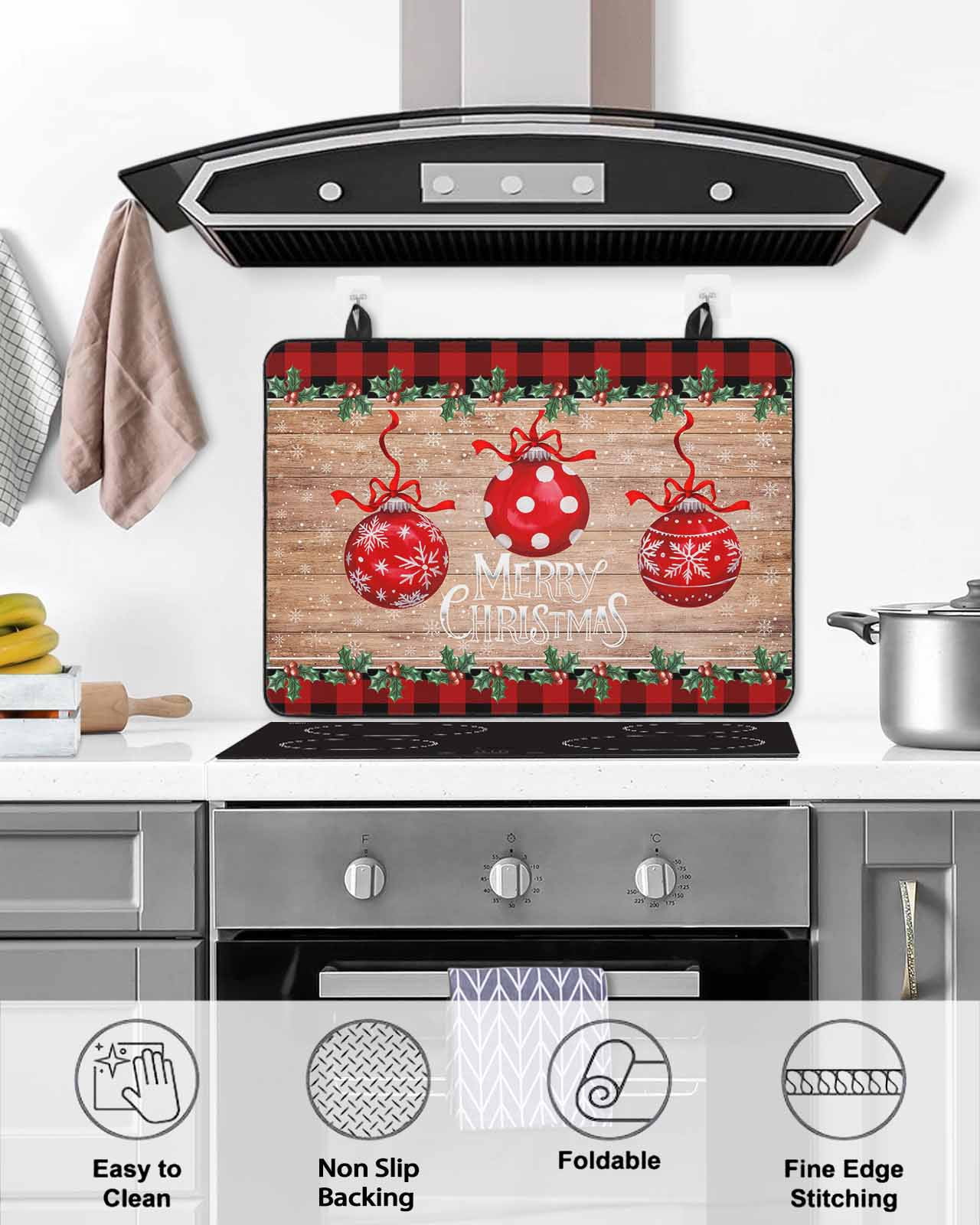 Large Induction Cooktop Protector Mat Christmas Stove Top Covers for Electric Stove, Xmas Balls Snowflakes Trees Red Plaid Wooden Decorative Stove Burner Cover Mats, Glass Top Stove Cover