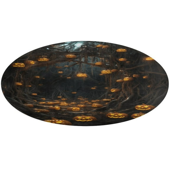 Halloween Scary Night Full Moon Floral Medallion Round Rug - Small Round Area Rug, Soft Non-Slip Machine Washable Bedroom Mat Indoor Accent Entry Carpet for Office Desk Dorm Hallway