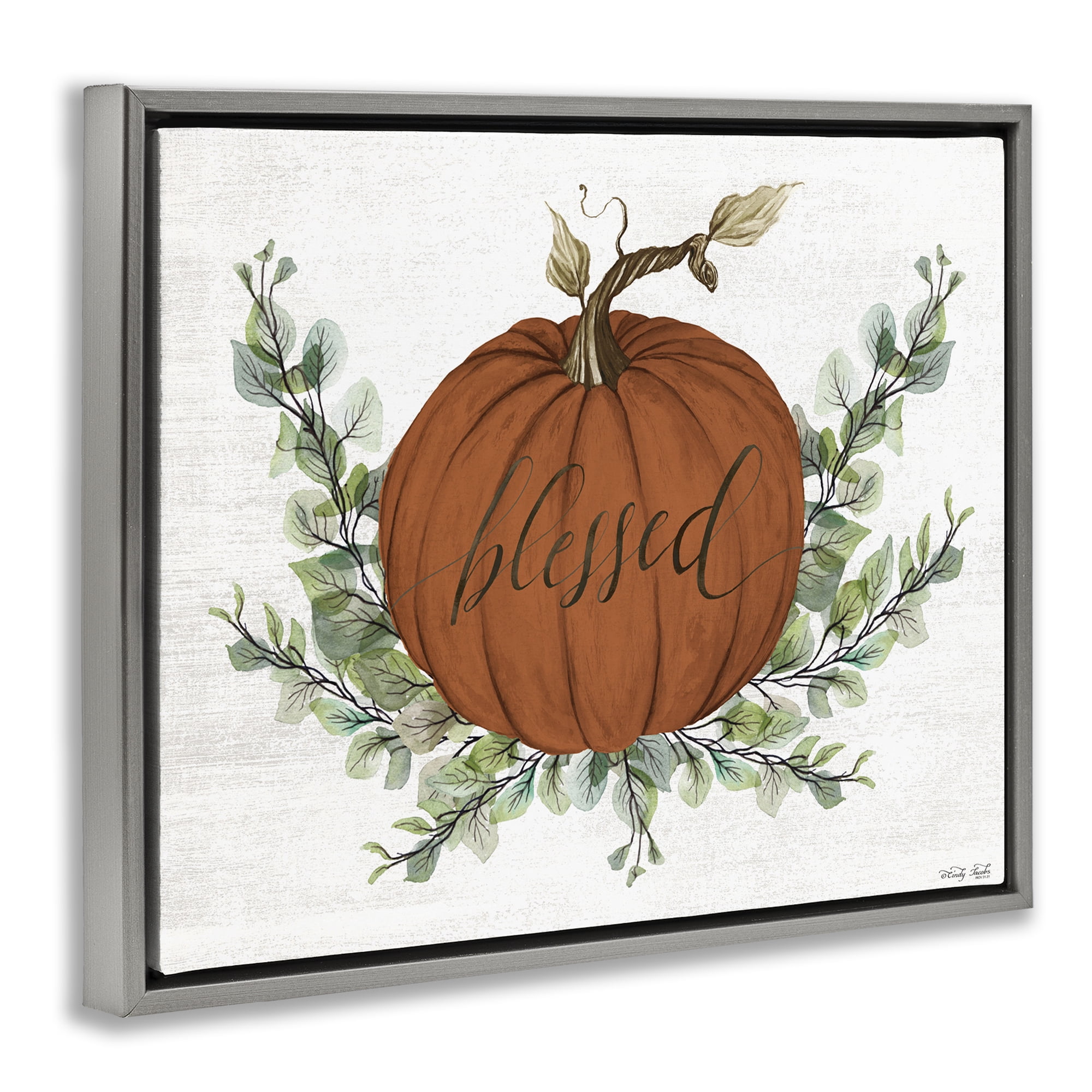 Stupell Industries Orange Blessed Pumpkin Food & Beverage Painting Gray Floater Framed Canvas Art Print Wall Art, 31 x 25