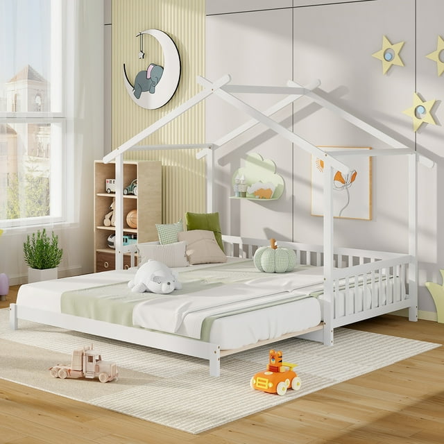 Gymax Lit Cabane en Bois Simple à Très Grand Lit de Jour avec Barrières de Sécurité et Toit Décoratif Blanc