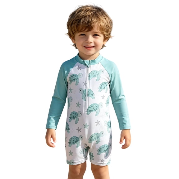 Hihipz One Piece Rash Guard Swimsuit for Boy Turtle Print Long Sleeve Half Zip Summer Beach Pool Swimwear
