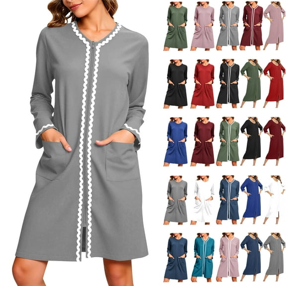 Feancey Women Robes Zipper Front Long Sleeve Housecoat Zip Up Bathrobes Lightweight Loose Fit Nightgown with Pockets Army Green L