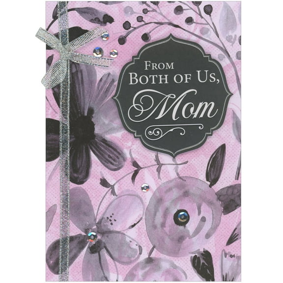 Designer Greetings Black 3D Die Cut Banner with Silver Foil Trim, Black and Gray Flowers on Light Pink, Silver Ribbon Hand Decorated Mother's Day Card for Mom from Both