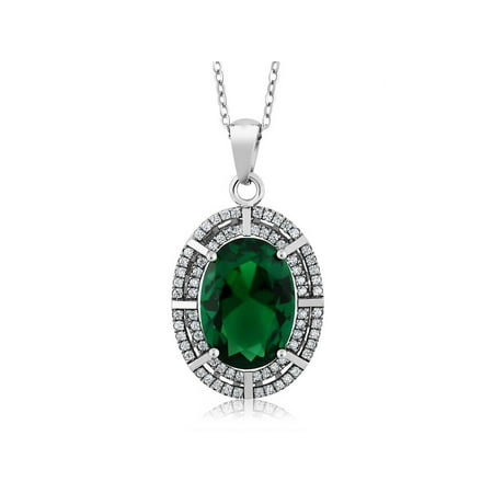 - 6.94 Ct Oval Green Simulated Emerald 925 Sterling Silver Pendant with 18