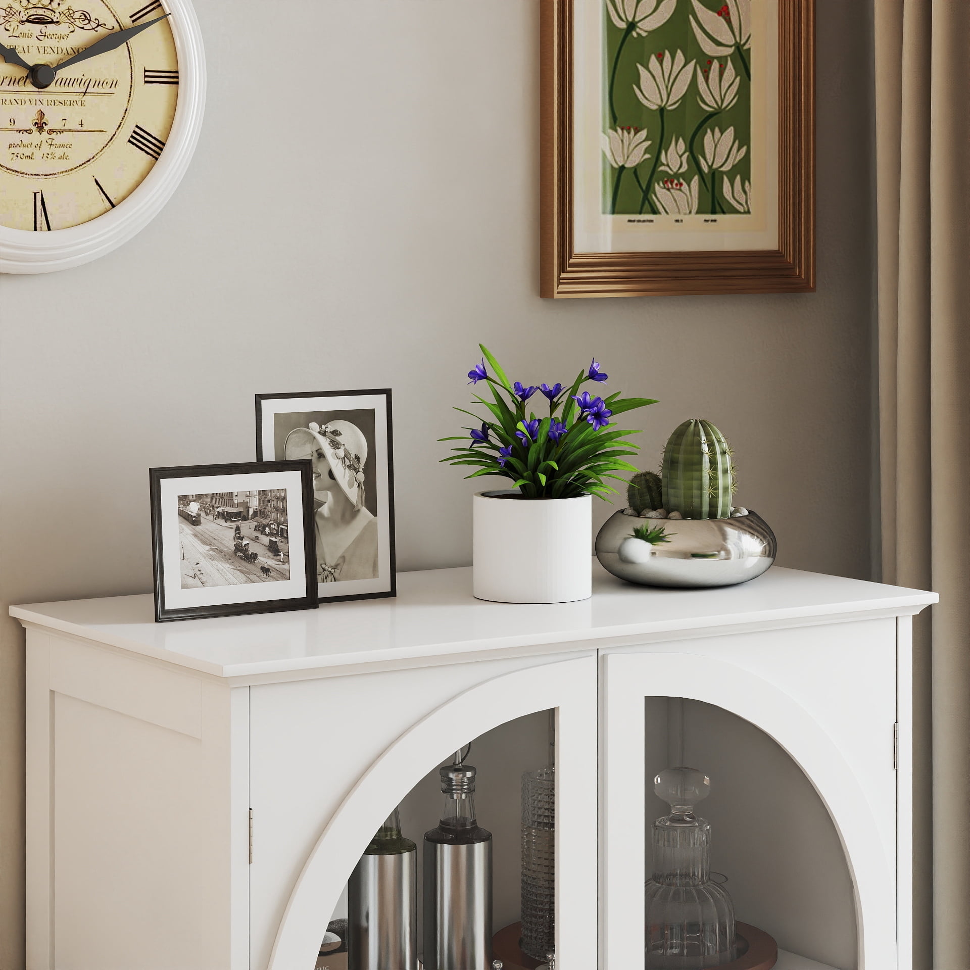 Arched Glass Door Farmhouse Sideboard, White Storage Cabinet with Tiered Top & 1 Drawer, Buffet Pantry Cabinet for Kitchen Living Room Coffee Bar