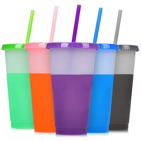 

KeesonKimi 32 OZ Clear Reusable Plastic Cups 5 Pack Plastic Tumblers with Lids and Straws Color Changing Cups for Kids Adults Cold Party Drinking Cups