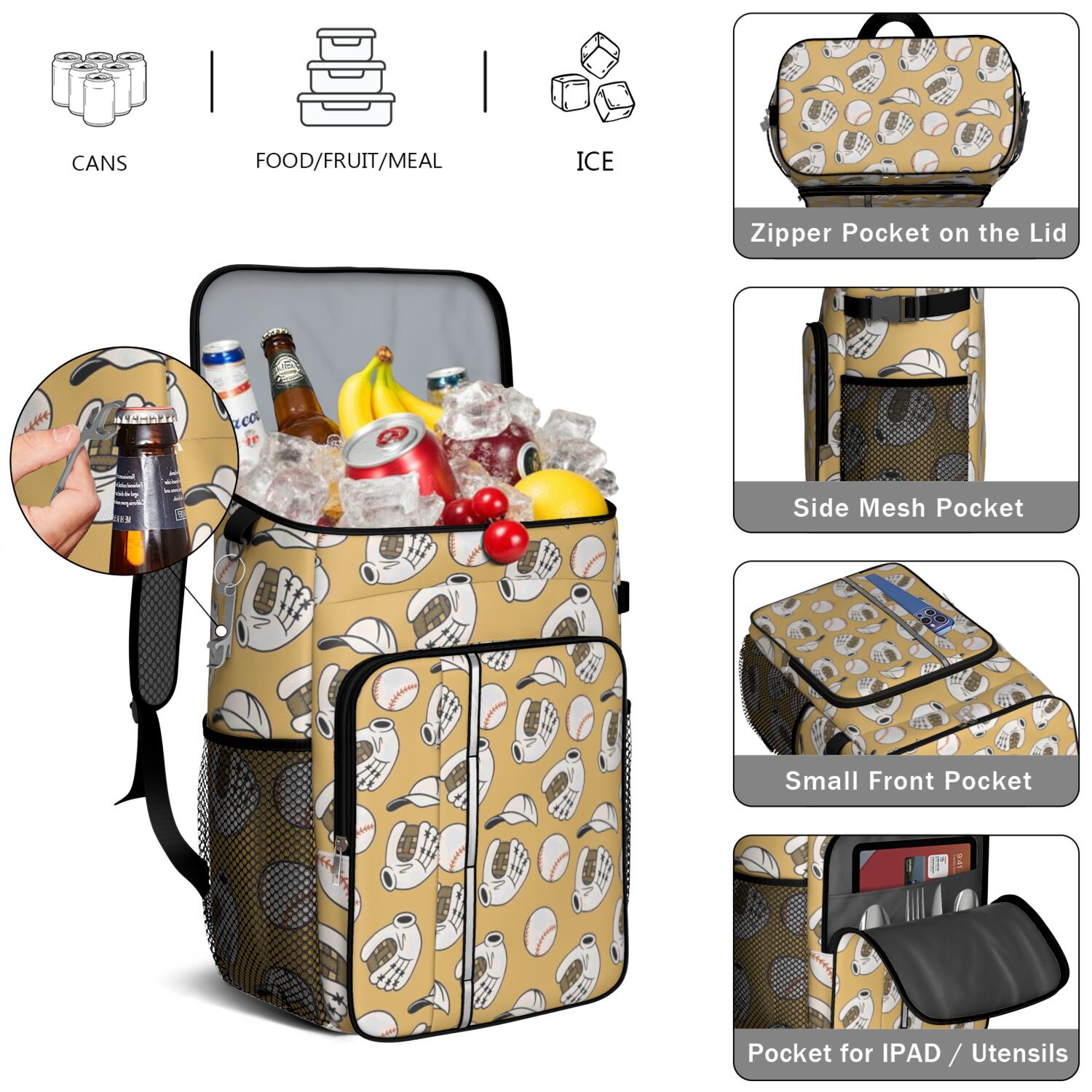 Travel Cooler Bag - Yellow Baseball Items Pattern Camping Beer Cooler Backpack with Bottle Opener- Waterproof Insulated Picnic Backpacks - Cooler Bag for Beach